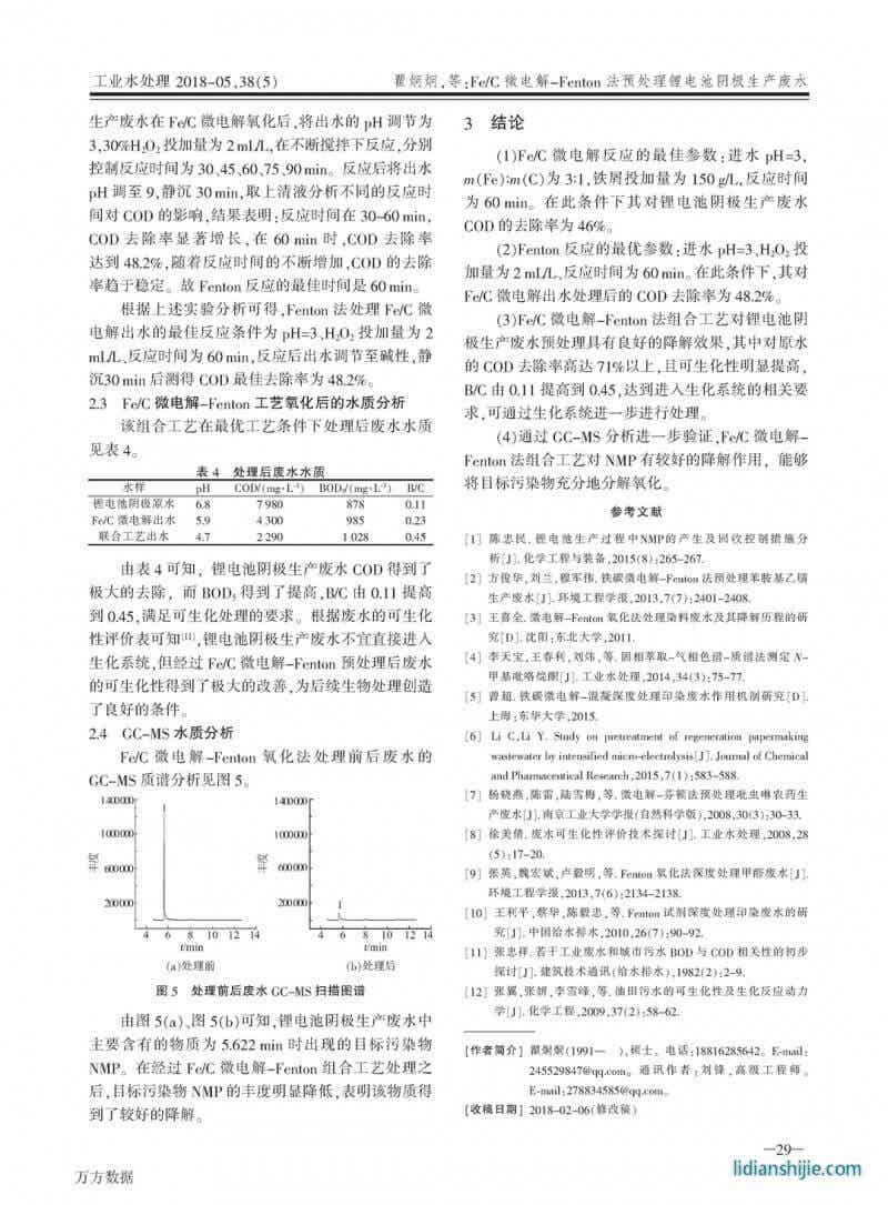 Fe/C微電解-Fenton法預處理鋰電池陰極生產廢水