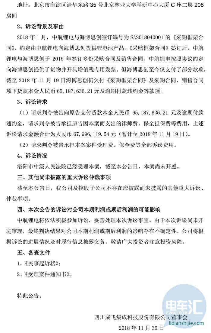 四川成飛集成科技股份有限公司關(guān)于控股子公司涉及重大訴訟事項(xiàng)的公告